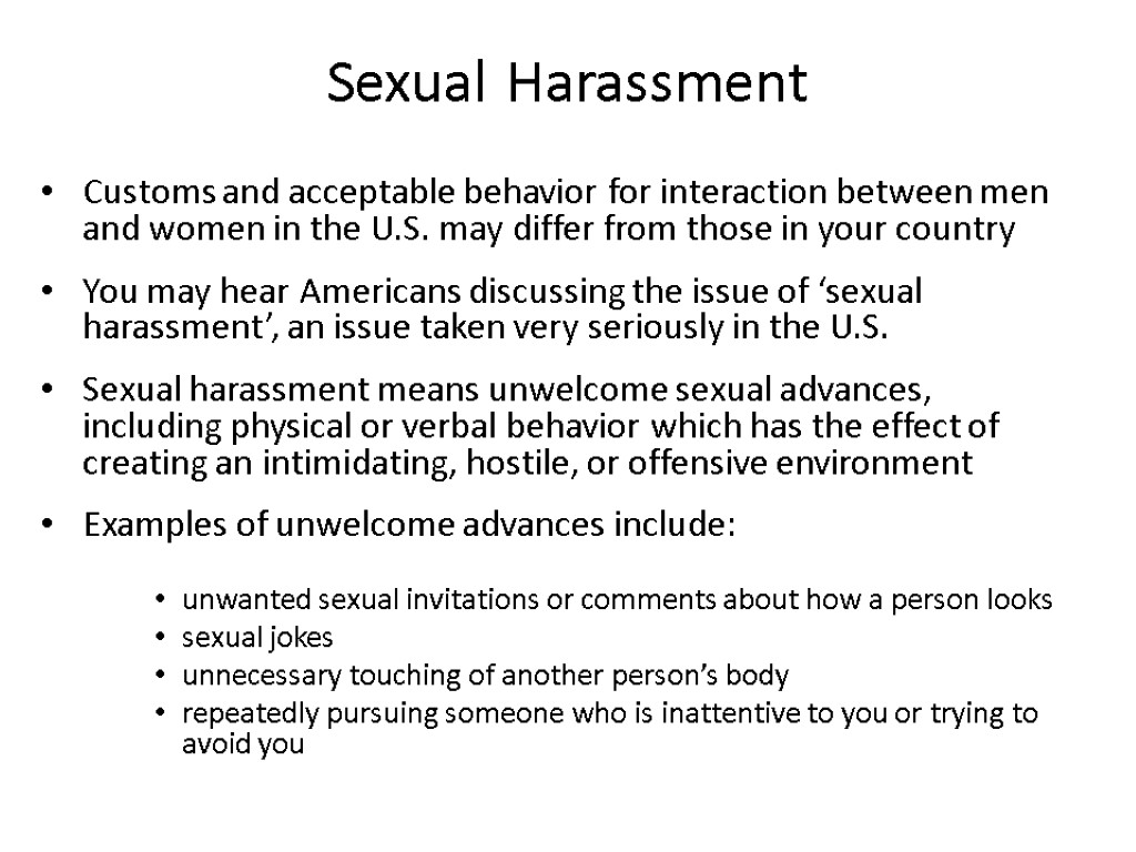 Sexual Harassment Customs and acceptable behavior for interaction between men and women in the